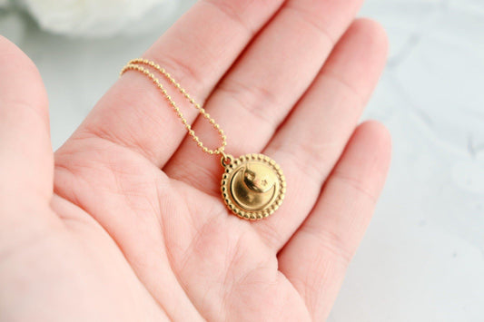 Moon & Stars Circle Pendant Necklace