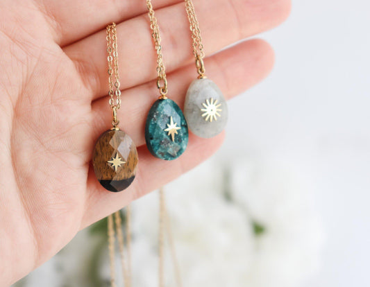 Teardrop Natural Stone with Symbol Pendant