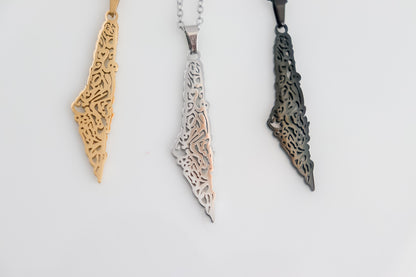 Lined Calligraphy Palestine Map Necklace