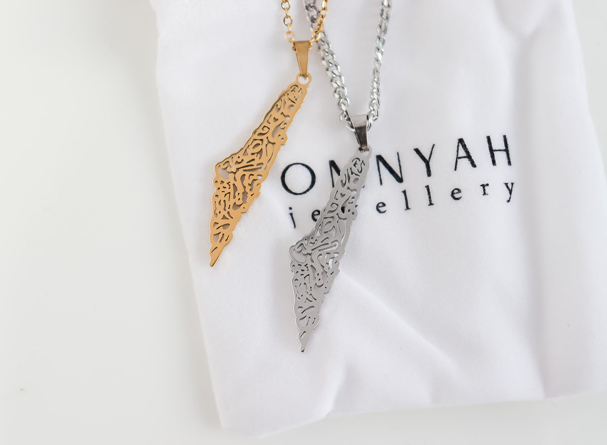 Lined Calligraphy Palestine Map Necklace
