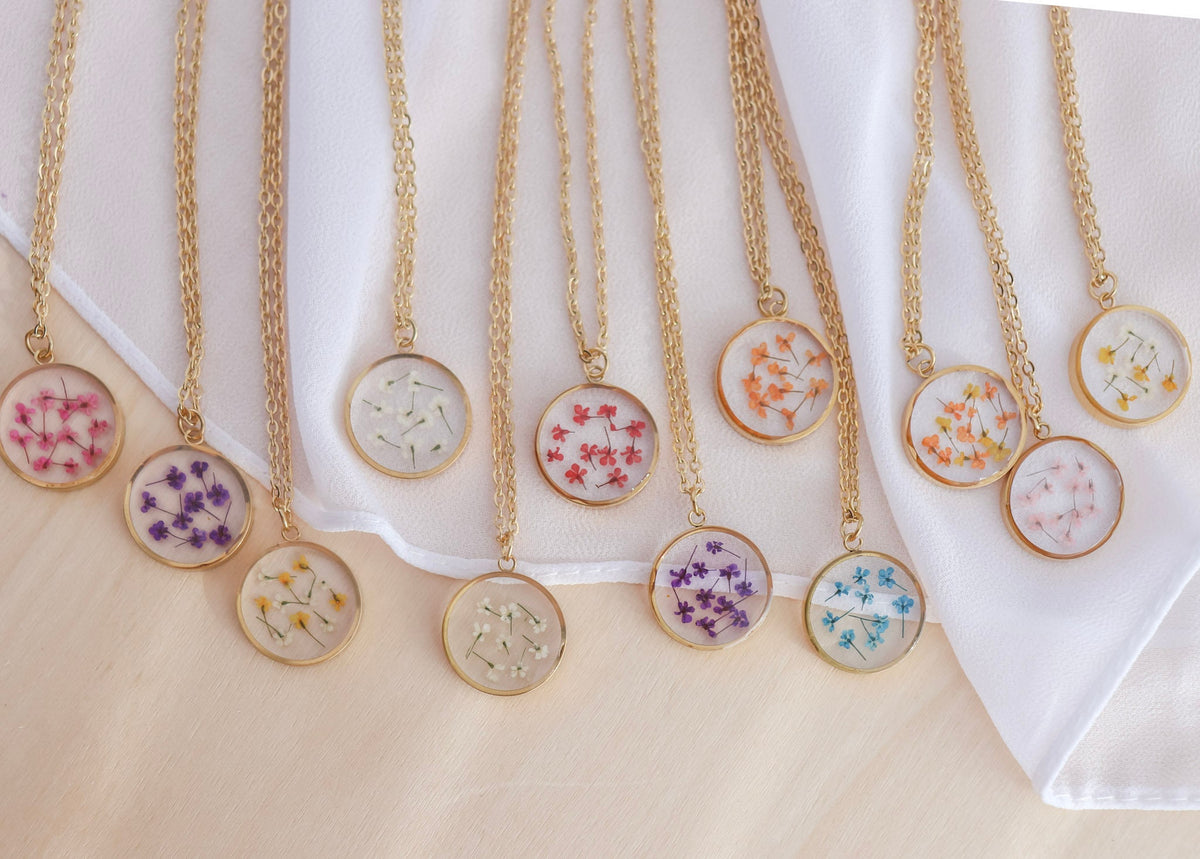 Mini Pressed Birth Month Flower Necklace | Dainty Birth Flower I Birth Month Necklace I Round Pedant I Flower Necklace, Flower Birth Month
