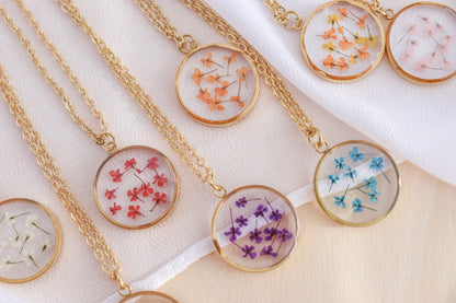 Mini Pressed Birth Month Flower Necklace | Dainty Birth Flower I Birth Month Necklace I Round Pedant I Flower Necklace, Flower Birth Month