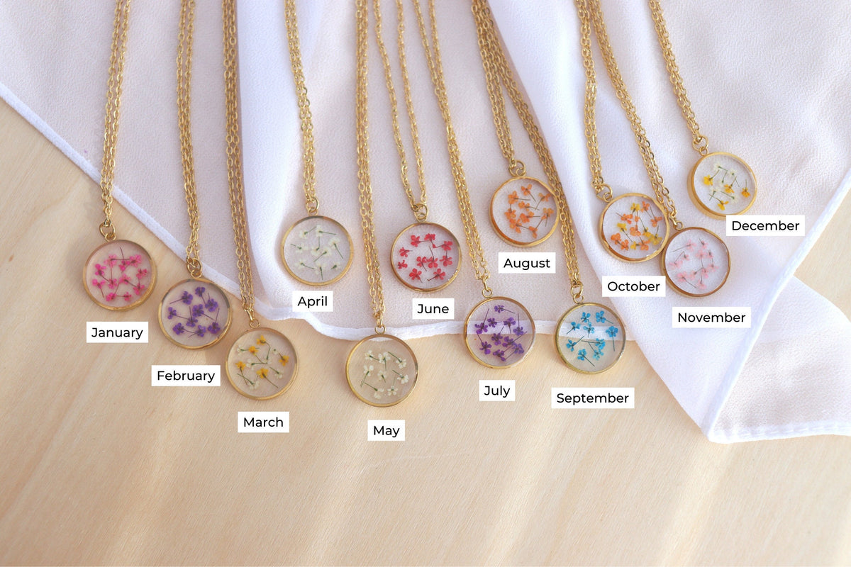 Mini Pressed Birth Month Flower Necklace | Dainty Birth Flower I Birth Month Necklace I Round Pedant I Flower Necklace, Flower Birth Month