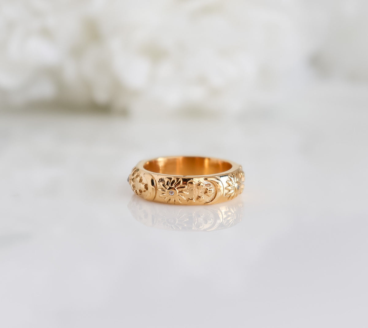 Textured Sun Moon Ring | Celestial Jewelry | Sun Moon Engraved Ring | Sun Gold Ring | Gift for Girlfriend | Ring For Women | Christmas Gift