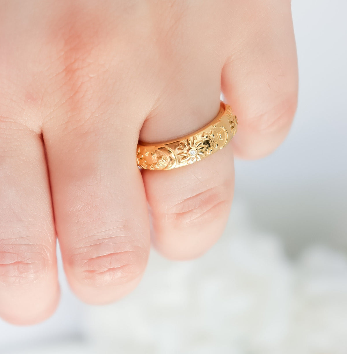 Textured Sun Moon Ring | Celestial Jewelry | Sun Moon Engraved Ring | Sun Gold Ring | Gift for Girlfriend | Ring For Women | Christmas Gift