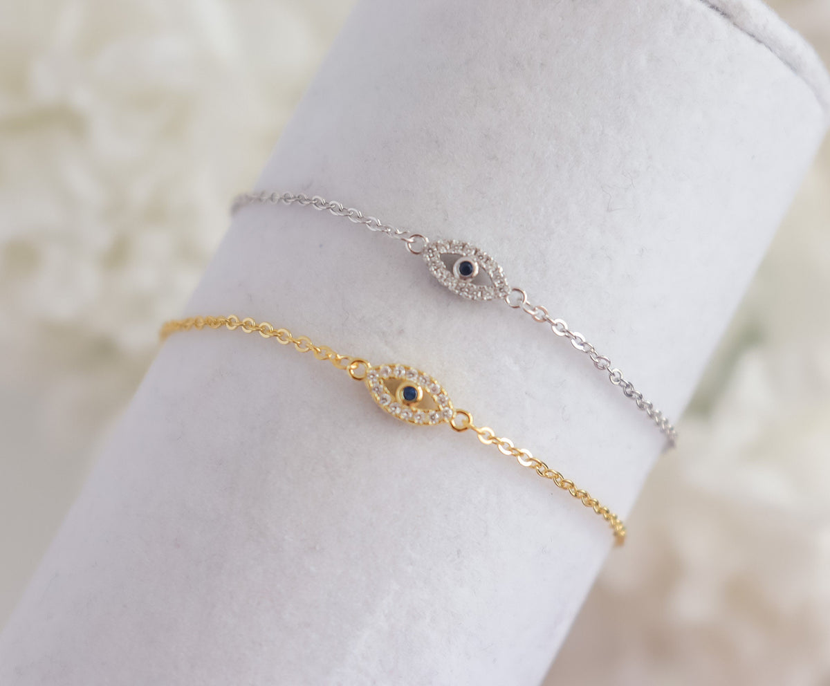 Evil Eye Bracelet | Sterling Silver Bracelet | Studded Silver Bracelet | Crystal Evil Eye | Gifts for Her Minimal Bracelet | Bridal Shower
