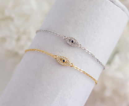 Evil Eye Bracelet | Sterling Silver Bracelet | Studded Silver Bracelet | Crystal Evil Eye | Gifts for Her Minimal Bracelet | Bridal Shower