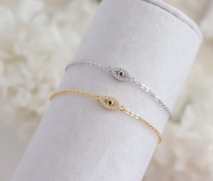 Evil Eye Bracelet | Sterling Silver Bracelet | Studded Silver Bracelet | Crystal Evil Eye | Gifts for Her Minimal Bracelet | Bridal Shower