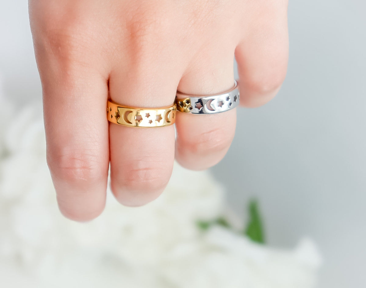 Crescent Moon Ring | Celestial Jewelry | Stargazer's Ring | Moon Star Ring | Gold Ring | Gift for Mom | Christmas Gift | His & Hers Ring