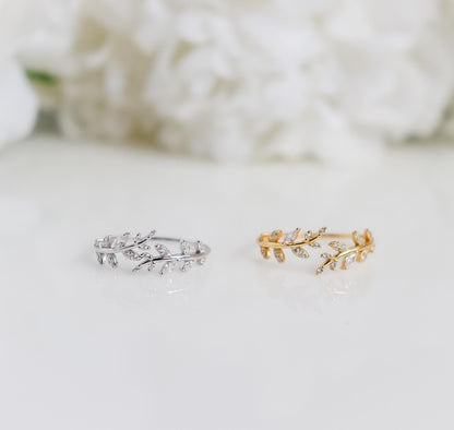 Leaf Ring | Crystal Leaf Ring | Sterling Silver | Resizable Simple Ring | Minimalist Ring | Bridesmaid Gifts I Minimalist Ring for Stacking