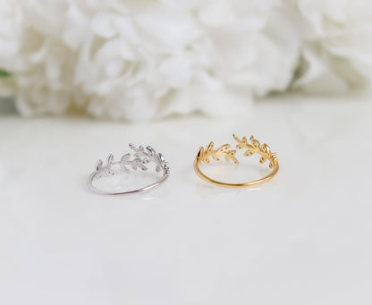 Leaf Ring | Crystal Leaf Ring | Sterling Silver | Resizable Simple Ring | Minimalist Ring | Bridesmaid Gifts I Minimalist Ring for Stacking