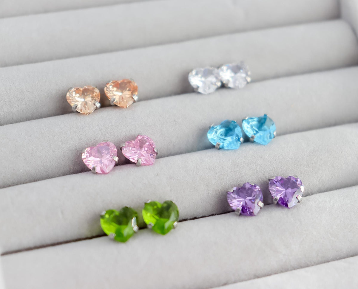 Heart-Shaped Cubic Zirconia Stud Earrings In White, Amethyst, Pink, Garnet | Stud With Gem Stone in Gold | Crystal Earring | Earring For Her