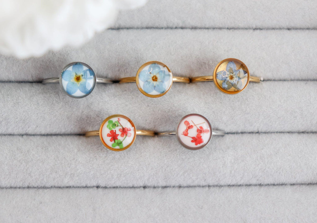 Blue or Red Pressed Flower Pendant Ring