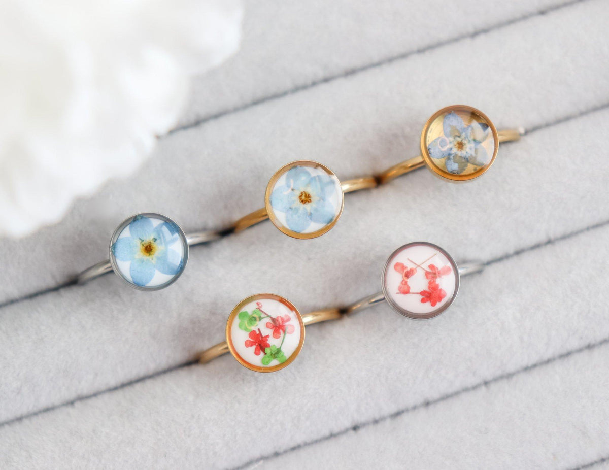 Blue or Red Pressed Flower Pendant Ring