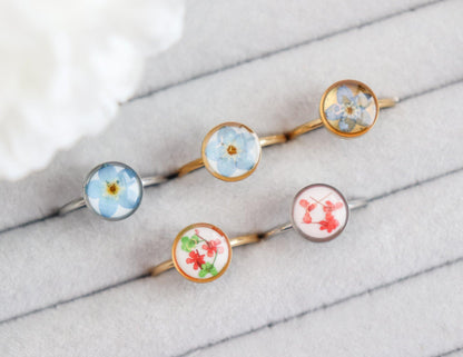 Blue or Red Pressed Flower Pendant Ring