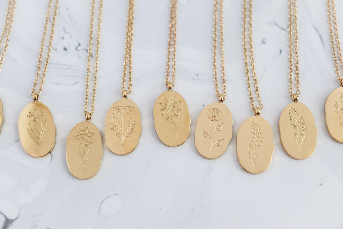 Irregular Oval Birth Month Flower Necklace