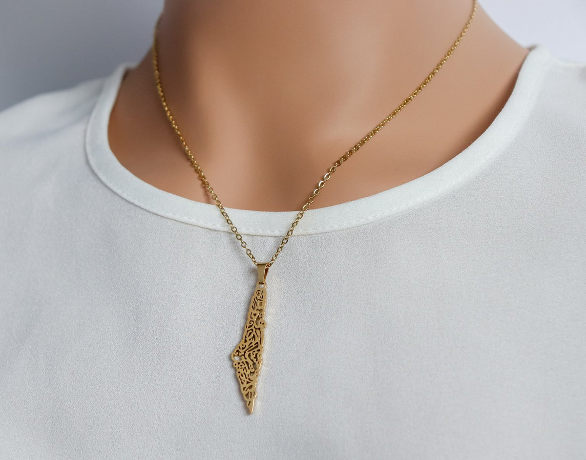 Lined Calligraphy Palestine Map Necklace