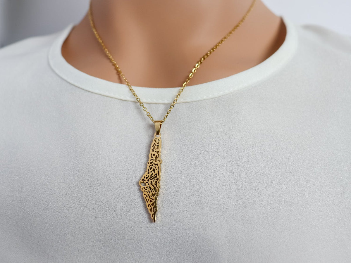 Lined Calligraphy Palestine Map Necklace