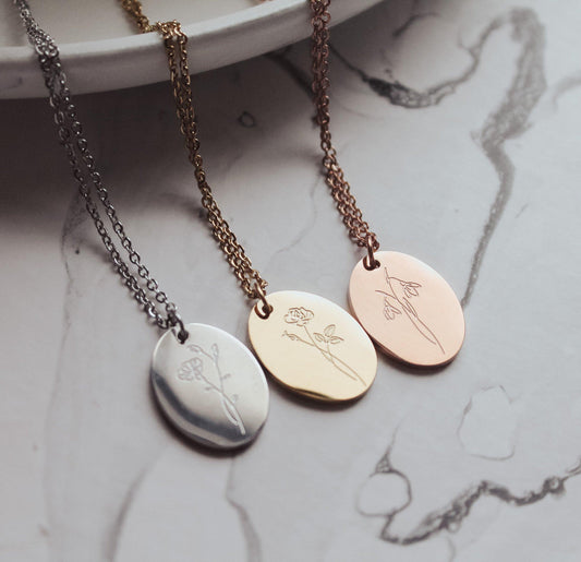 Oval Birth Month Flower Necklace