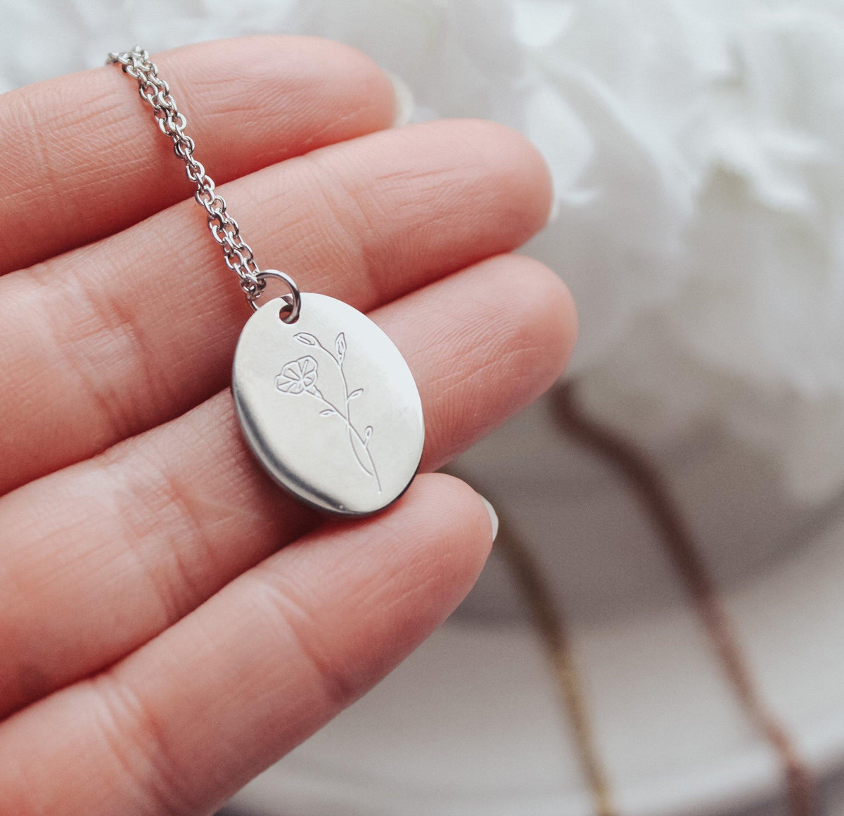 Oval Birth Month Flower Necklace