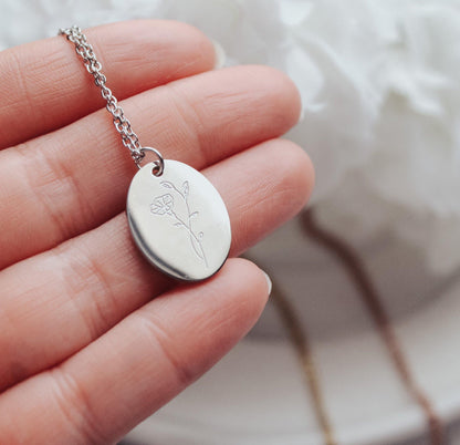 Oval Birth Month Flower Necklace