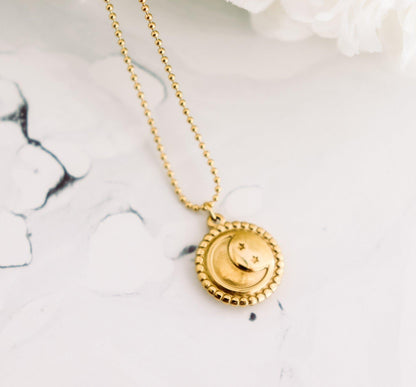 Moon & Stars Circle Pendant Necklace