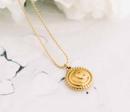 Moon & Stars Circle Pendant Necklace