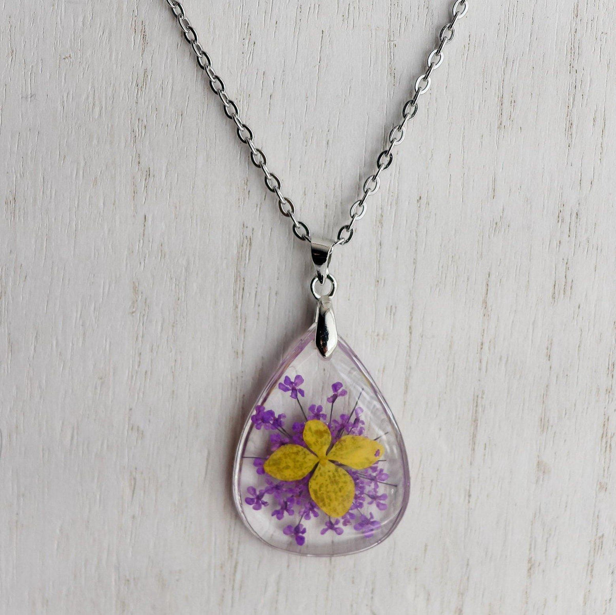 Teardrop Pressed Flower Pendant Necklace