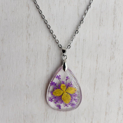 Teardrop Pressed Flower Pendant Necklace