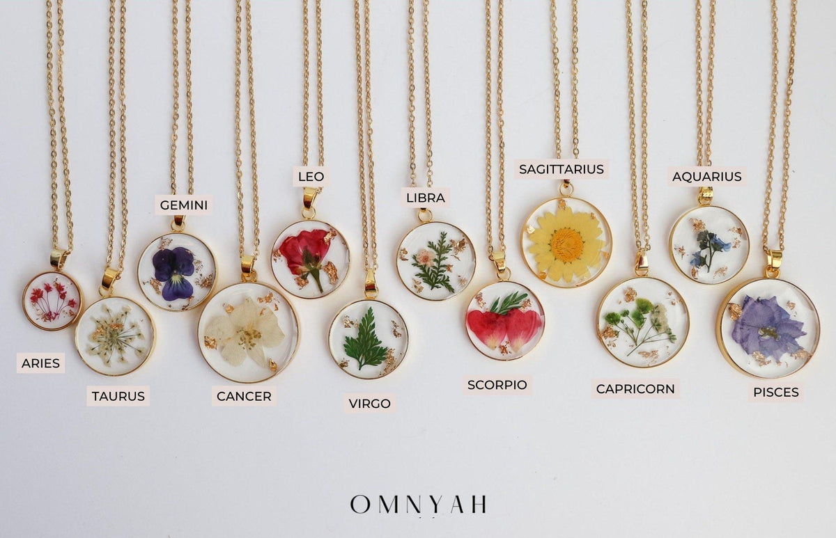 Horoscope Pressed Flower Pendant Necklace with Gold Flakes