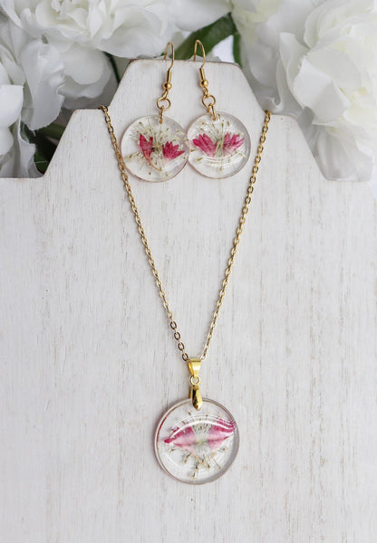 Earring & Necklace Set | Rimless Circle Pressed Flower Pendant