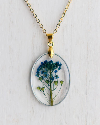 Rimless Oval Resin Pressed Flower Pendant Necklace