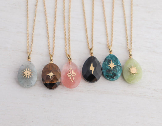 Teardrop Natural Stone with Symbol Pendant